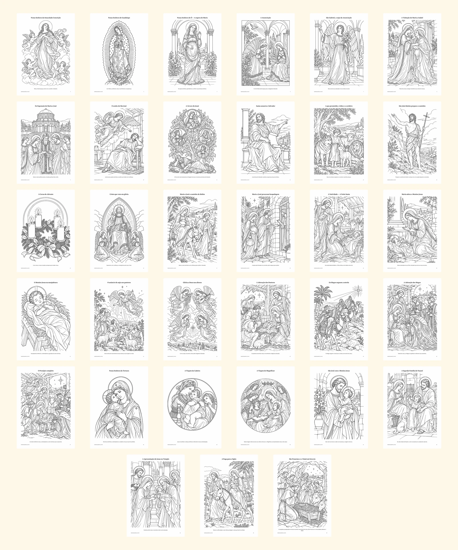 Visão das 33 ilustrações de Cores da Fé: Advento, organizadas em uma grade.