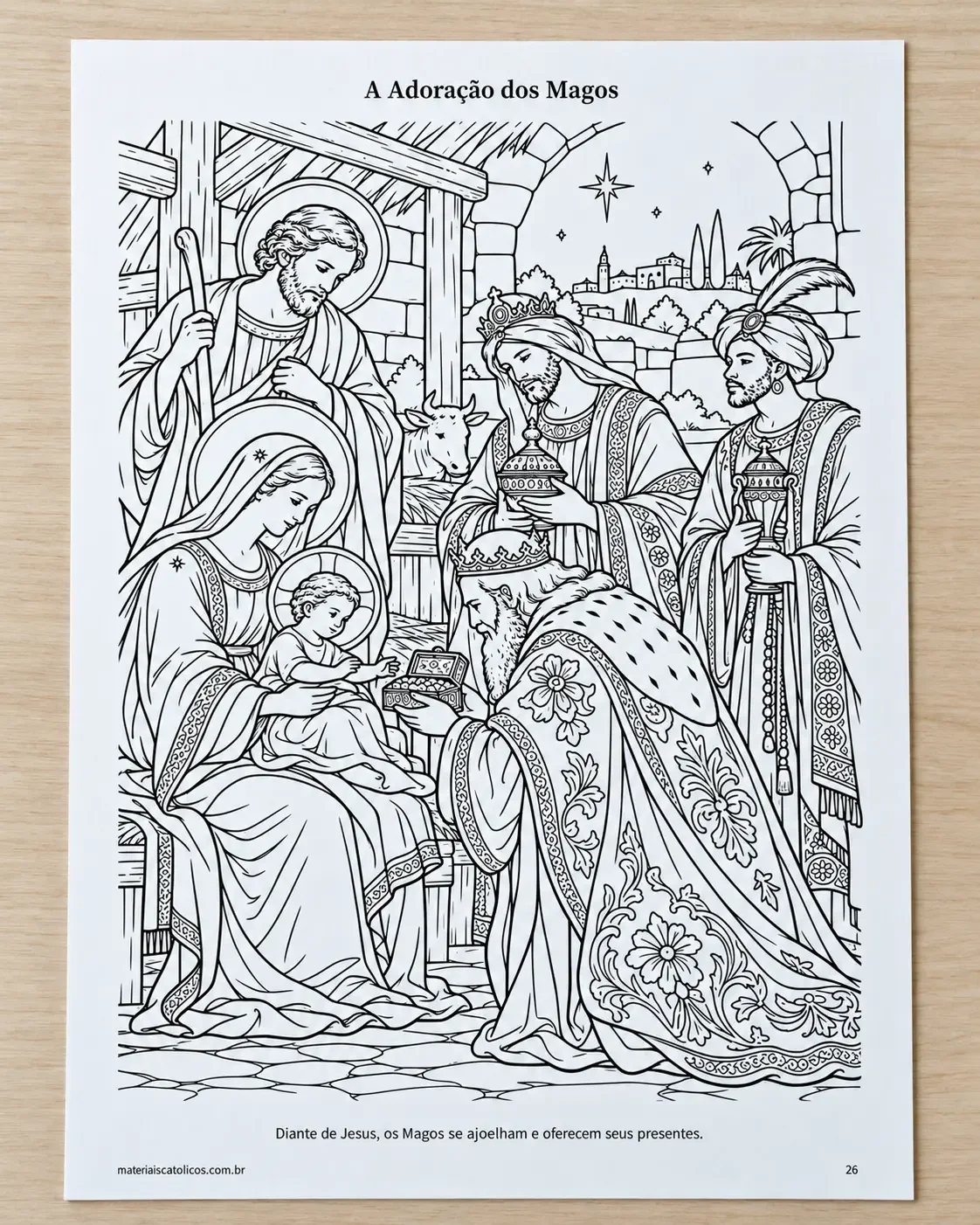 Página A Adoração dos Magos, com os personagens e seus presentes diante de Jesus.