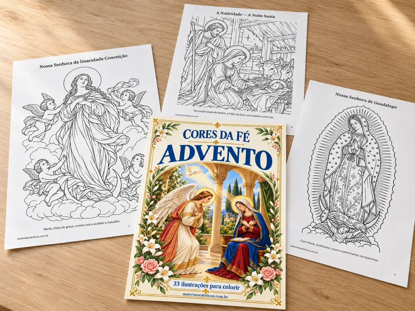 Capa colorida de Cores da Fé: Advento ao lado de três ilustrações para colorir.