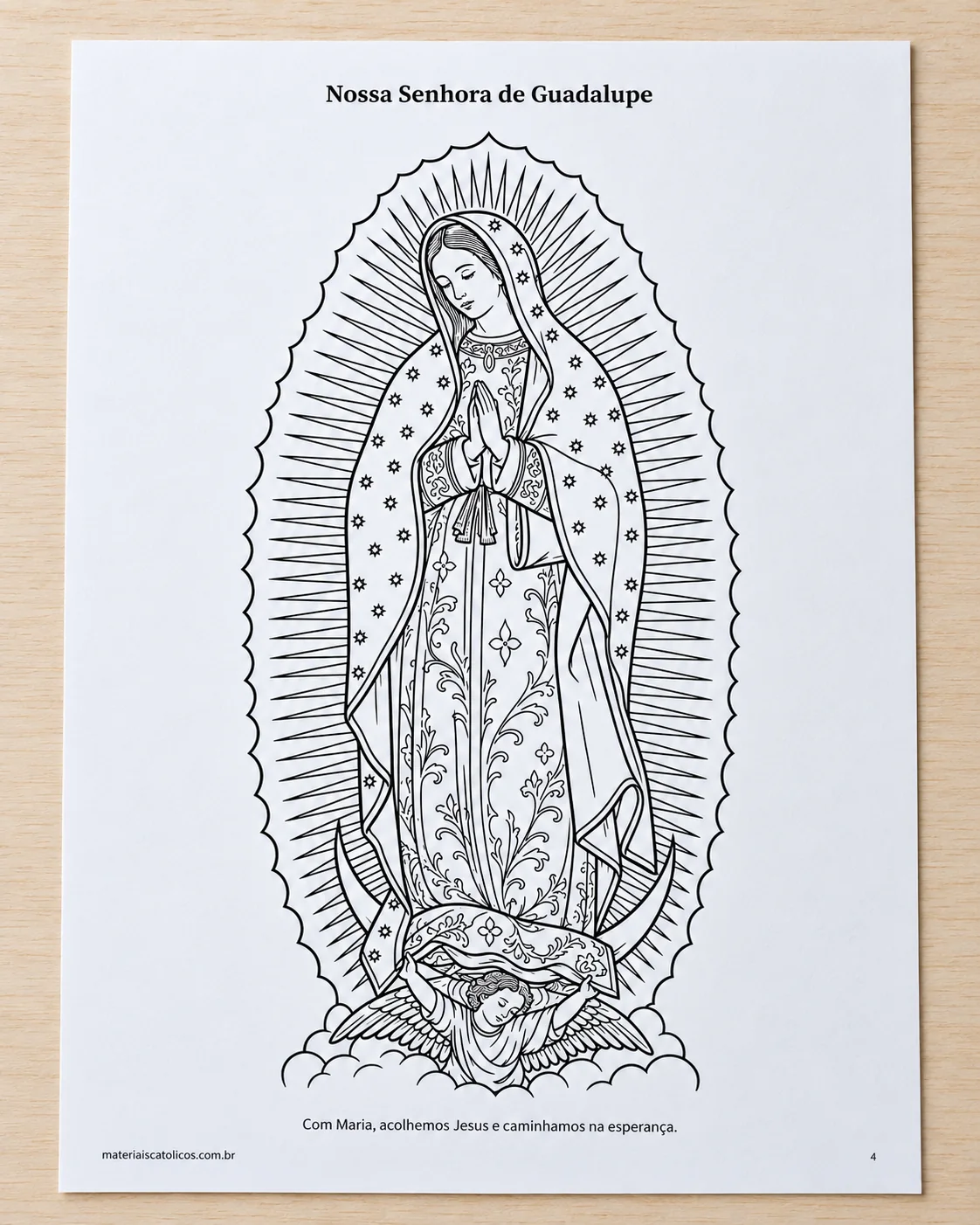 Ilustração de Nossa Senhora de Guadalupe em uma folha A4 para colorir.